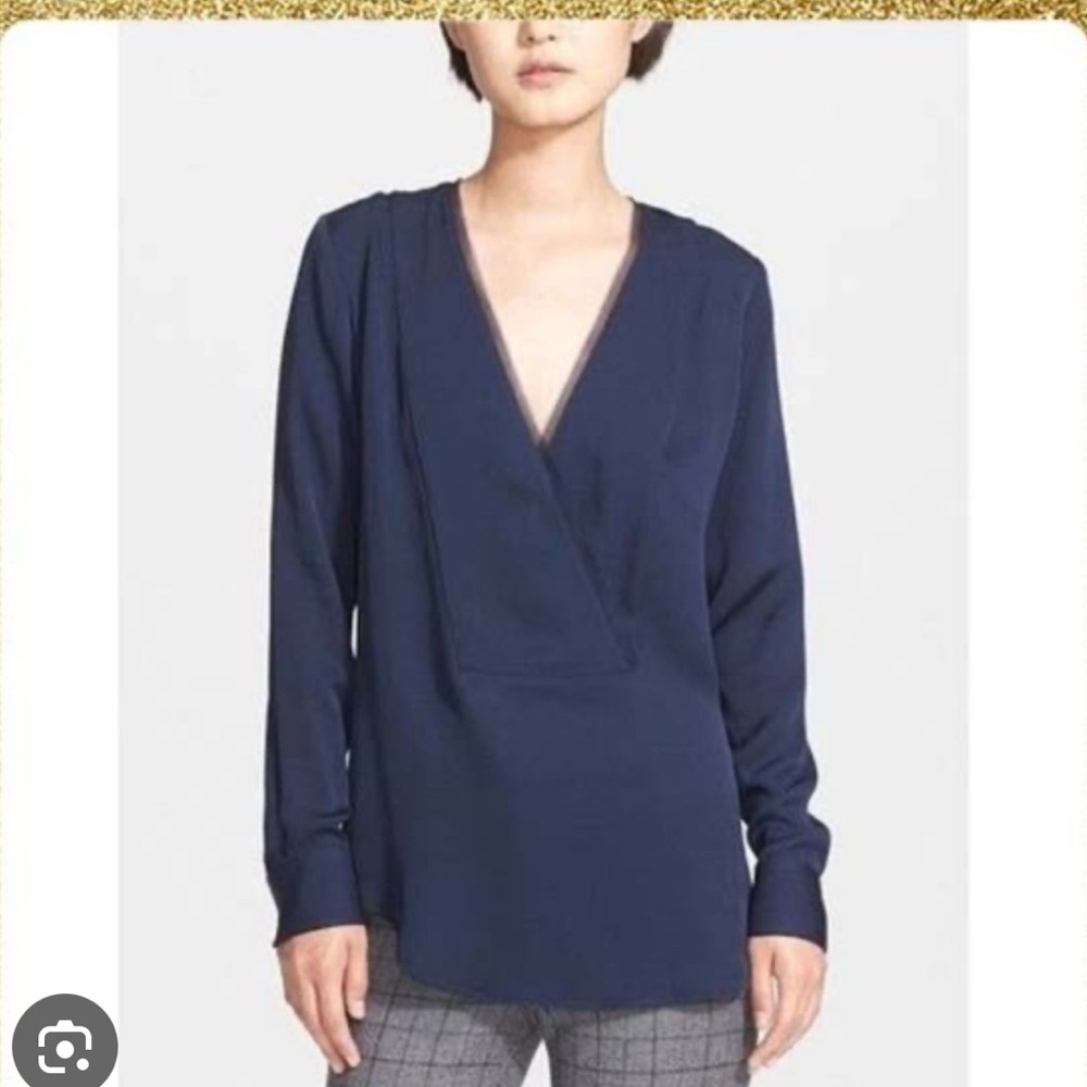 Theory Navy Blue Long Sleeve V-Neck Blouse